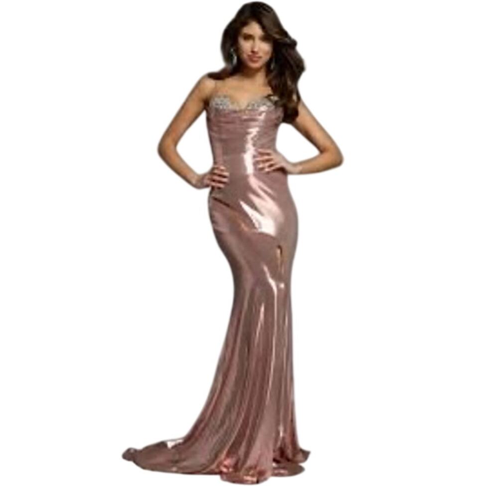 Jovani NWT Beaded Fitted Sleeveless Slit Gown in Rose Gold Size 10
